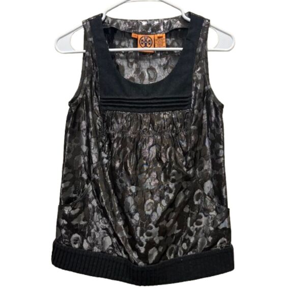 Tory Burch Tops - Tory Burch Metallic Leopard Print Jacquard Sleeveless Top Pewter Black Size 2